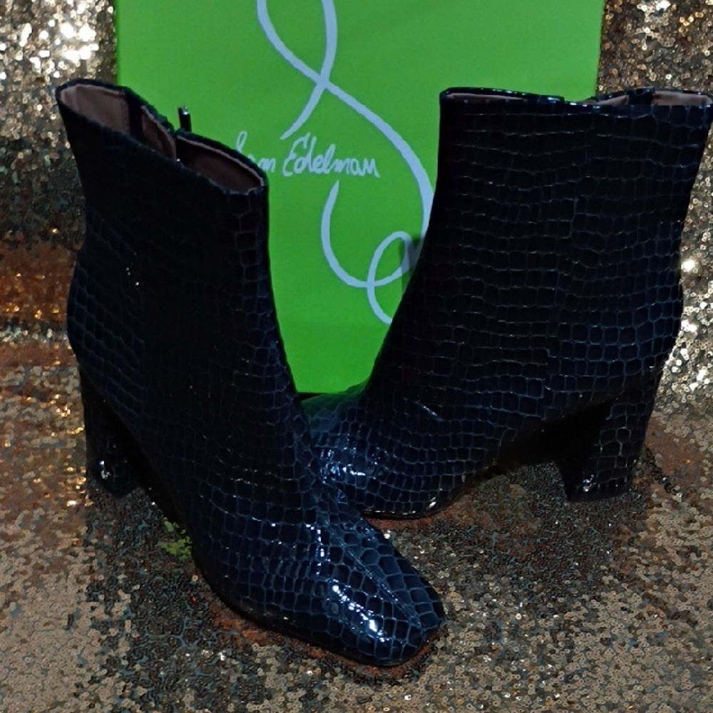 Sam Edelman Blue Croc-Embossed Patent Leather Ankle Boots